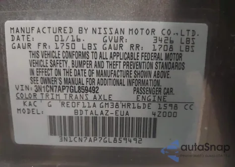 2016 Nissan Versa 1.6 S+ from USA, damaged, VIN 3N1CN7AP7GL859492